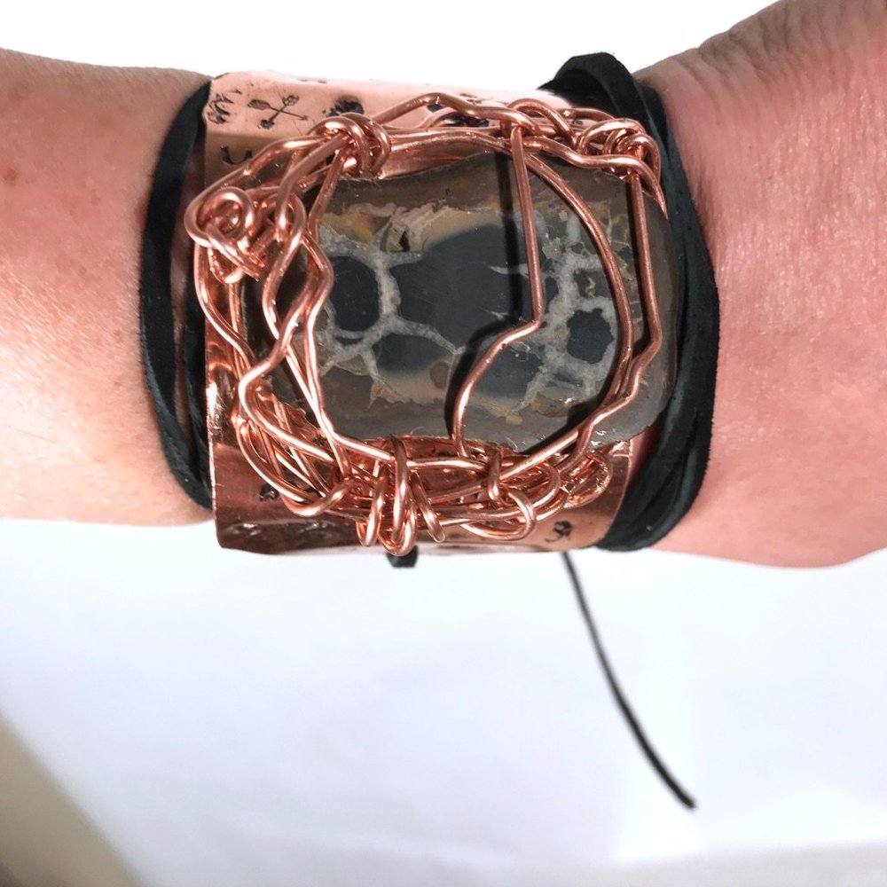 COPY - Septarian Dragons Egg Gemstone Brutalist Cuff Bracelet Tie Wrap Copper S…